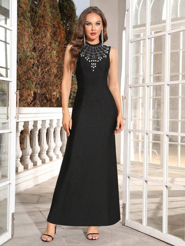 Modphy 2024 Summer New Arrival Women's Sexy Sleeveless Round Neck Diamond Bandage Maxi Dresses For Party Evening