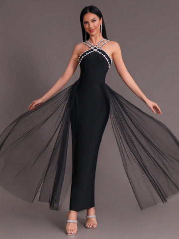 Modphy 2024 Summer New Women's Black Sexy Heavy Duty Rhinestone Mesh Splicing Bandage Long Dress