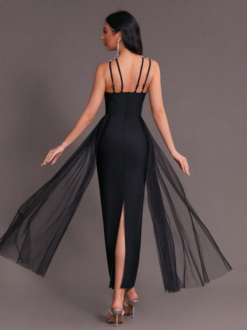 Modphy 2024 Summer New Women's Black Sexy Heavy Duty Rhinestone Mesh Splicing Bandage Long Dress