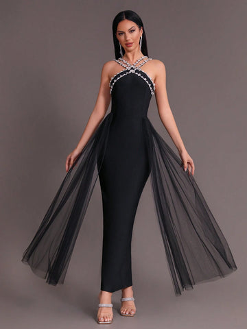 Modphy 2024 Summer New Women's Black Sexy Heavy Duty Rhinestone Mesh Splicing Bandage Long Dress