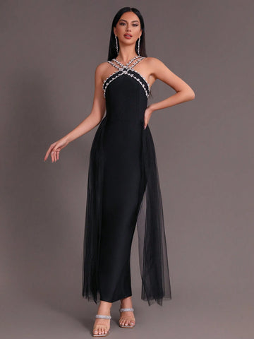 Modphy 2024 Summer New Women's Black Sexy Heavy Duty Rhinestone Mesh Splicing Bandage Long Dress
