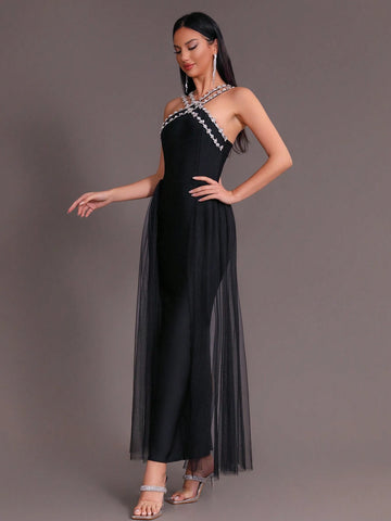 Modphy 2024 Summer New Women's Black Sexy Heavy Duty Rhinestone Mesh Splicing Bandage Long Dress