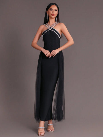 Modphy 2024 Summer New Women's Black Sexy Heavy Duty Rhinestone Mesh Splicing Bandage Long Dress