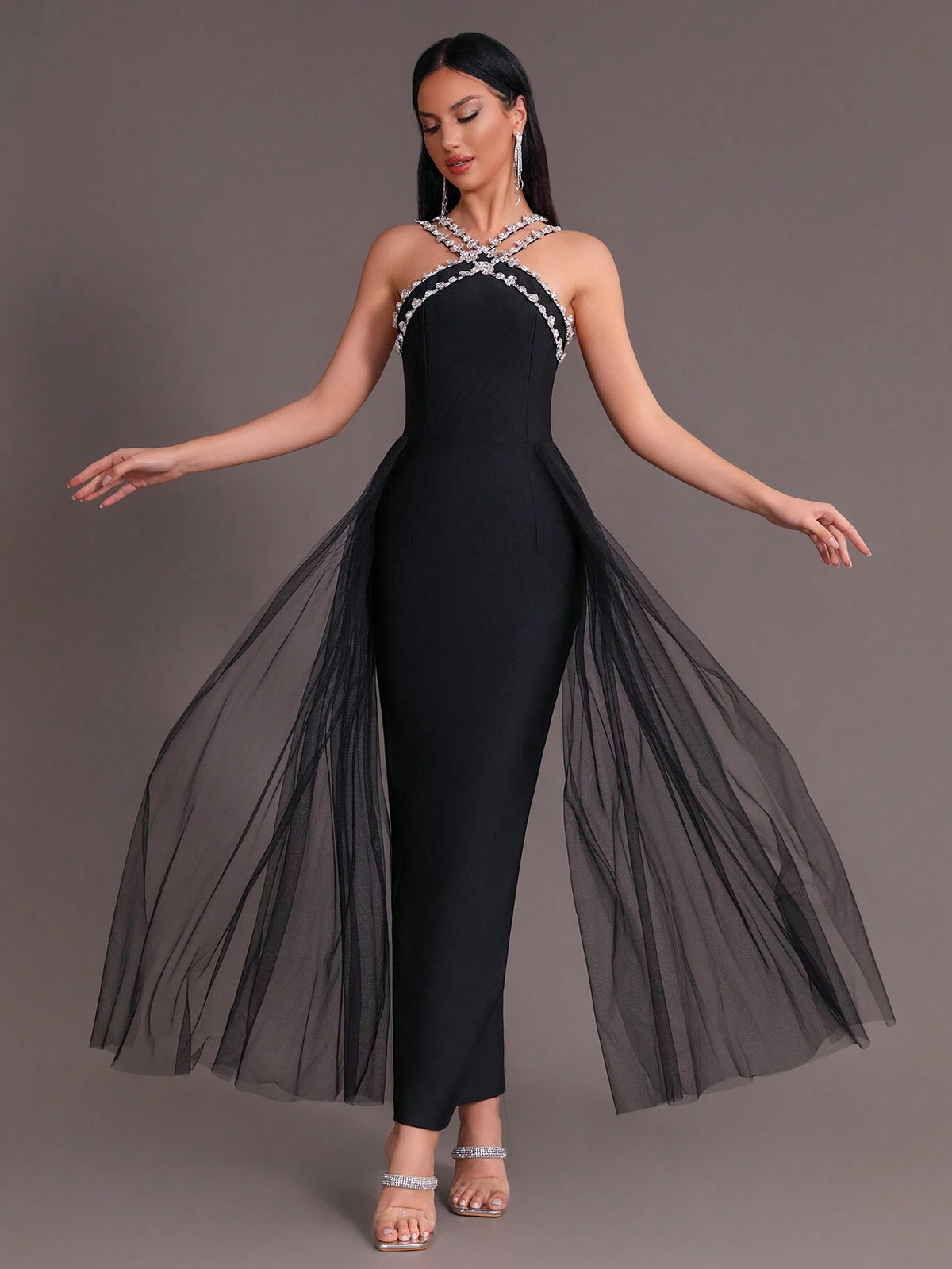 Modphy 2024 Summer New Women's Black Sexy Heavy Duty Rhinestone Mesh Splicing Bandage Long Dress