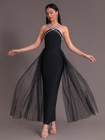 Modphy 2024 Summer New Women's Black Sexy Heavy Duty Rhinestone Mesh Splicing Bandage Long Dress