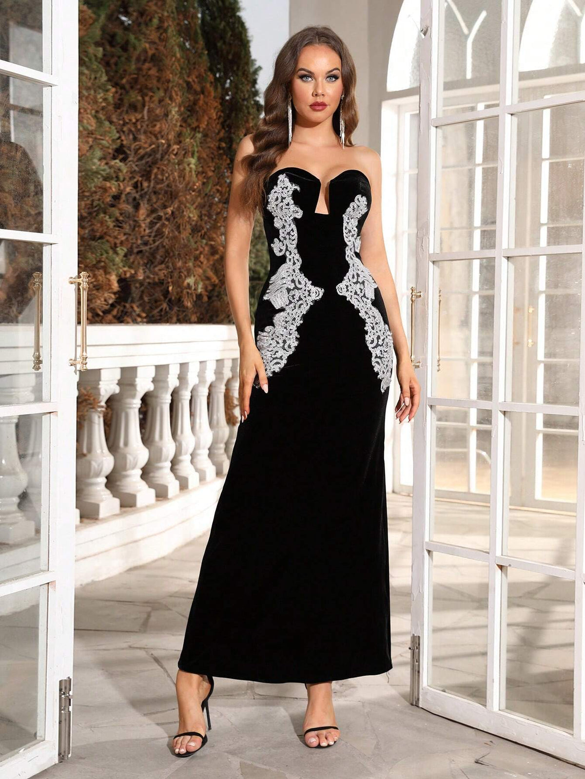 Modphy 2024 Summer New Women's Black Sexy Velvet Strapless Lace Patchwork Mermaid Dress