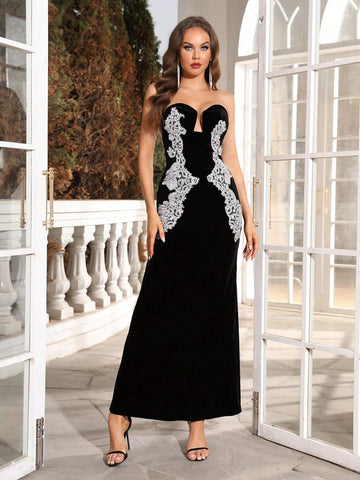 Modphy 2024 Summer New Women's Black Sexy Velvet Strapless Lace Patchwork Mermaid Dress