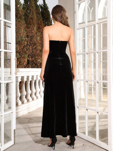 Modphy 2024 Summer New Women's Black Sexy Velvet Strapless Lace Patchwork Mermaid Dress