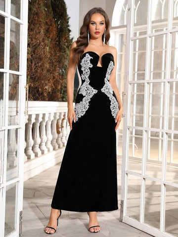 Modphy 2024 Summer New Women's Black Sexy Velvet Strapless Lace Patchwork Mermaid Dress