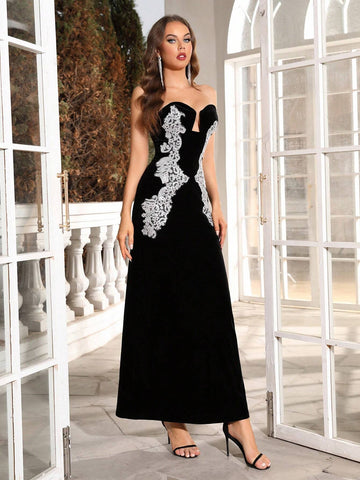 Modphy 2024 Summer New Women's Black Sexy Velvet Strapless Lace Patchwork Mermaid Dress