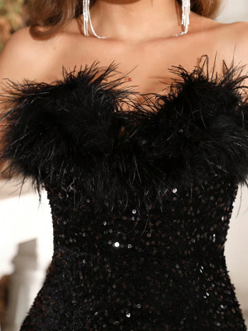 Modphy 2024 Summer Sexy Women Evening Party Dress, Mermaid Strapless Feather Sequin Long Dress