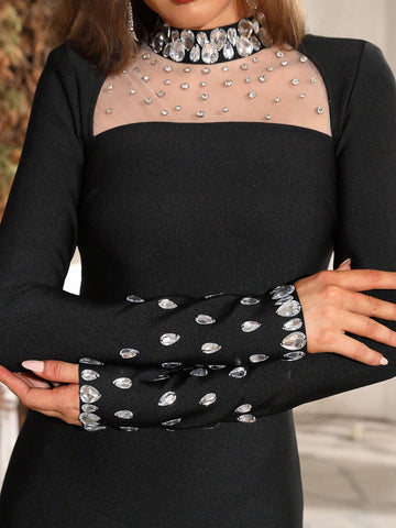 Modphy 2024 Women's New Summer Dress Sexy Long Bandage Dress With Heavy Diamond-Studded Mesh For Weddings And Formal Dinners