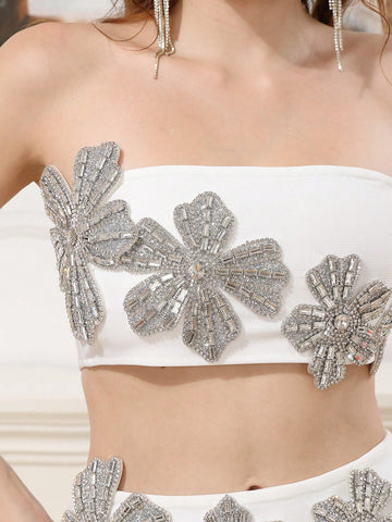 Modphy 2 Piece Set 2024 Autumn/Winter Rhinestone 3D Floral Strapless Cropped Top And Skirt Sexy Bandage Women's Two Piece Dress Suit