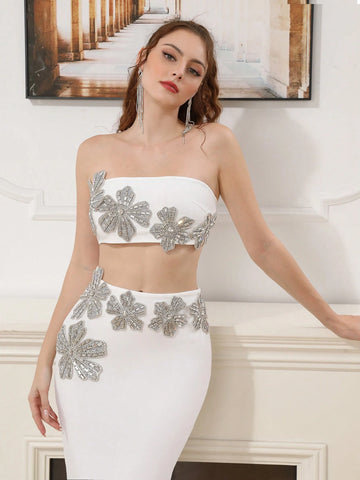 Modphy 2 Piece Set 2024 Autumn/Winter Rhinestone 3D Floral Strapless Cropped Top And Skirt Sexy Bandage Women's Two Piece Dress Suit