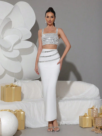 Modphy 2 Piece Set: Rhinestone Decor Camisole Crop Top + Long Skirt, Elegant Party Outfit For Women, 2024 New Arrival