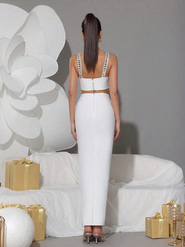 Modphy 2 Piece Set: Rhinestone Decor Camisole Crop Top + Long Skirt, Elegant Party Outfit For Women, 2024 New Arrival