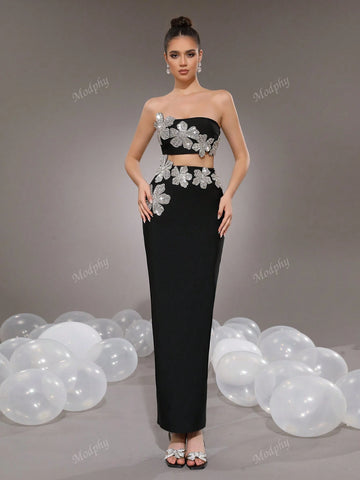 Modphy 2pcs/Set 2024 Autumn Winter New Rhinestone 3D Floral Bandeau Crop Top & Skirt Sexy Outfit For Women