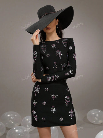 Modphy 2pcs/Set 2024 Fashionable Autumn Winter Sequin Embellished Short Top And Bandage Skirt Suit