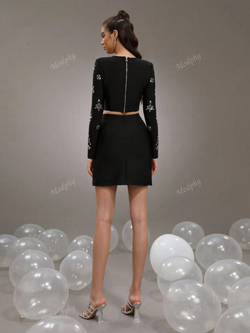 Modphy 2pcs/Set 2024 Fashionable Autumn Winter Sequin Embellished Short Top And Bandage Skirt Suit