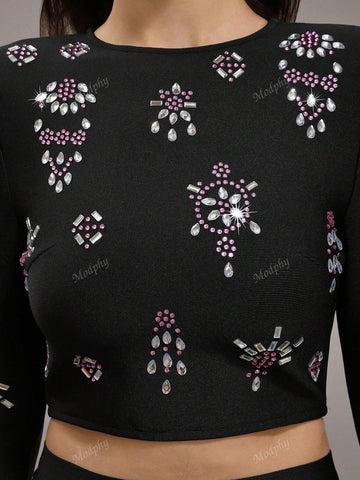 Modphy 2pcs/Set 2024 Fashionable Autumn Winter Sequin Embellished Short Top And Bandage Skirt Suit