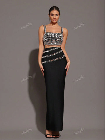 Modphy 2pcs/Set 2024 New Sparkling Rhinestones Spaghetti Strap Tank Top + Skirt Sexy Elegant Party Outfit For Women