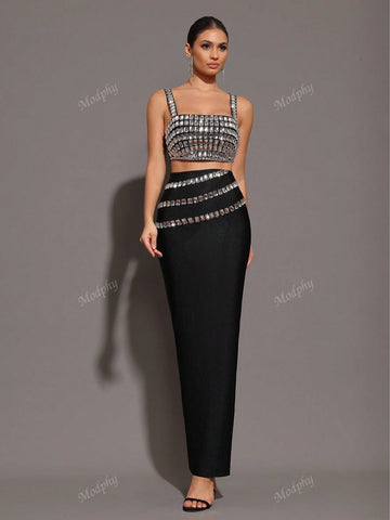 Modphy 2pcs/Set 2024 New Sparkling Rhinestones Spaghetti Strap Tank Top + Skirt Sexy Elegant Party Outfit For Women