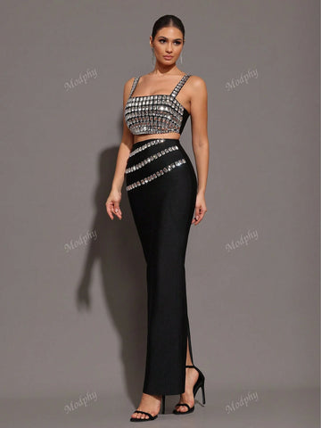 Modphy 2pcs/Set 2024 New Sparkling Rhinestones Spaghetti Strap Tank Top + Skirt Sexy Elegant Party Outfit For Women
