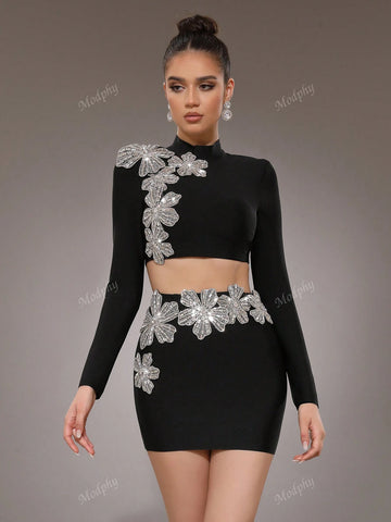 Modphy 2pcs Rhinestone Embellished Floral Stand Collar Crop Top And Bodycon Mini Skirt Suit For Women, Autumn-Winter 2024 New Arrival