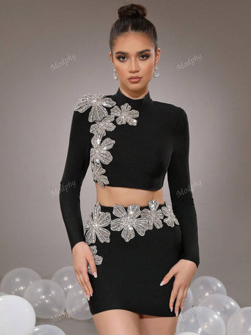 Modphy 2pcs Rhinestone Embellished Floral Stand Collar Crop Top And Bodycon Mini Skirt Suit For Women, Autumn-Winter 2024 New Arrival