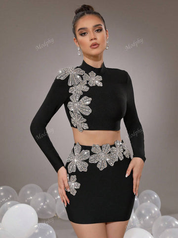 Modphy 2pcs Rhinestone Embellished Floral Stand Collar Crop Top And Bodycon Mini Skirt Suit For Women, Autumn-Winter 2024 New Arrival