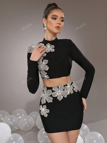 Modphy 2pcs Rhinestone Embellished Floral Stand Collar Crop Top And Bodycon Mini Skirt Suit For Women, Autumn-Winter 2024 New Arrival