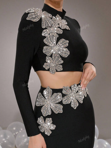 Modphy 2pcs Rhinestone Embellished Floral Stand Collar Crop Top And Bodycon Mini Skirt Suit For Women, Autumn-Winter 2024 New Arrival
