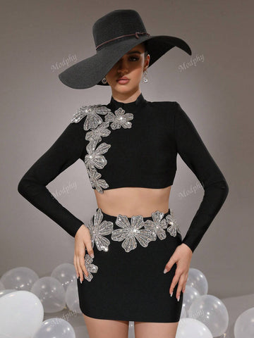 Modphy 2pcs Rhinestone Embellished Floral Stand Collar Crop Top And Bodycon Mini Skirt Suit For Women, Autumn-Winter 2024 New Arrival