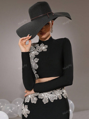 Modphy 2pcs Rhinestone Embellished Floral Stand Collar Crop Top And Bodycon Mini Skirt Suit For Women, Autumn-Winter 2024 New Arrival