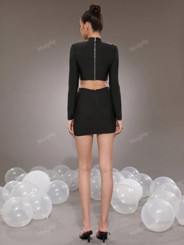 Modphy 2pcs Rhinestone Embellished Floral Stand Collar Crop Top And Bodycon Mini Skirt Suit For Women, Autumn-Winter 2024 New Arrival