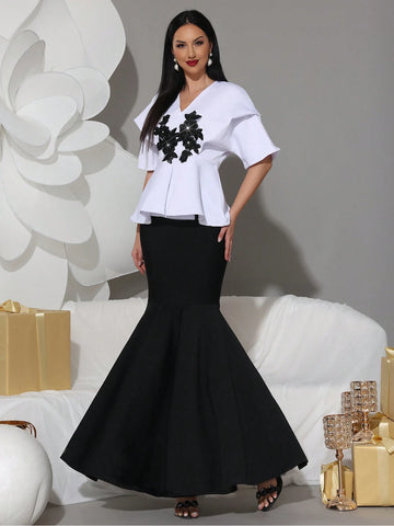 Modphy 2pcs Set: Elegant Applique Short Sleeve White Top & High-Waisted Fishtail Skirt, Formal Dress
