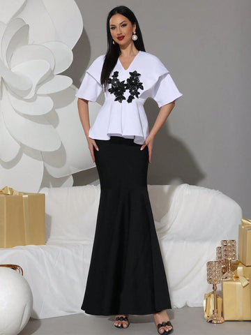Modphy 2pcs Set: Elegant Applique Short Sleeve White Top & High-Waisted Fishtail Skirt, Formal Dress