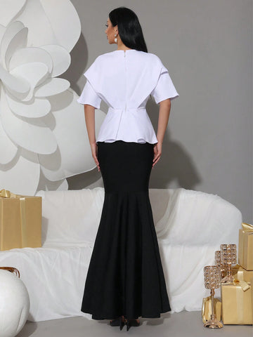 Modphy 2pcs Set: Elegant Applique Short Sleeve White Top & High-Waisted Fishtail Skirt, Formal Dress