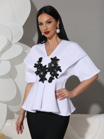 Modphy 2pcs Set: Elegant Applique Short Sleeve White Top & High-Waisted Fishtail Skirt, Formal Dress