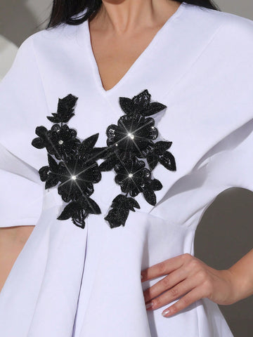 Modphy 2pcs Set: Elegant Applique Short Sleeve White Top & High-Waisted Fishtail Skirt, Formal Dress