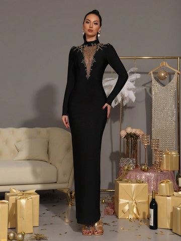 Modphy Black Elegant Mesh Splice Pearl Decor Bandage Dress, Long Sleeve Round Neck Formal Evening Gown
