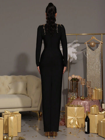 Modphy Black Elegant Mesh Splice Pearl Decor Bandage Dress, Long Sleeve Round Neck Formal Evening Gown