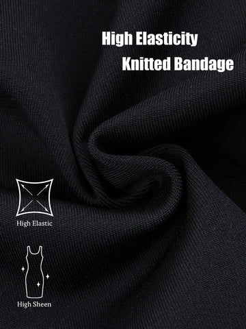 Modphy Black Elegant Mesh Splice Pearl Decor Bandage Dress, Long Sleeve Round Neck Formal Evening Gown