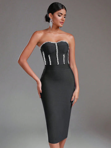 Modphy Black Sexy Backless Knit Dress With Rhinestone Embellishment And Knee-Length Banded Tube Top For Cocktail Party