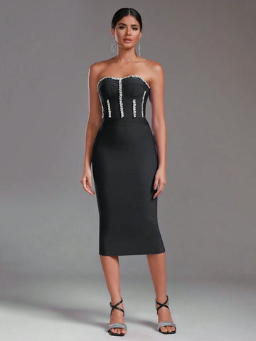 Modphy Black Sexy Backless Knit Dress With Rhinestone Embellishment And Knee-Length Banded Tube Top For Cocktail Party