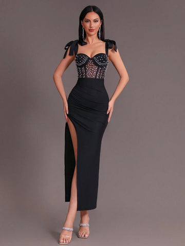 Modphy Black Sexy Women Sleeveless Bowknot Decorated Mesh Patchwork Pleated Split Bandage Long Dress With Rhinestones