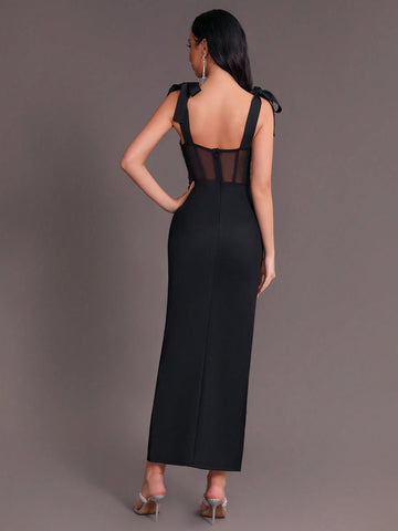 Modphy Black Sexy Women Sleeveless Bowknot Decorated Mesh Patchwork Pleated Split Bandage Long Dress With Rhinestones