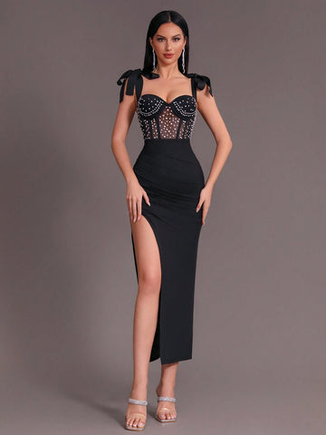 Modphy Black Sexy Women Sleeveless Bowknot Decorated Mesh Patchwork Pleated Split Bandage Long Dress With Rhinestones