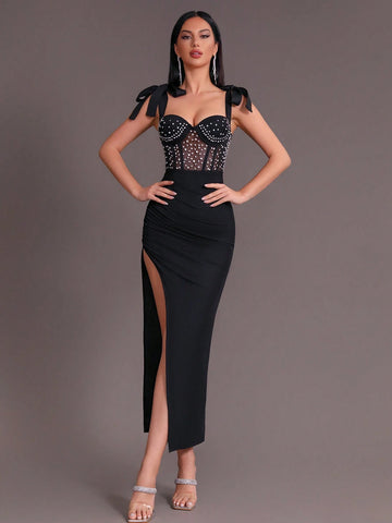 Modphy Black Sexy Women Sleeveless Bowknot Decorated Mesh Patchwork Pleated Split Bandage Long Dress With Rhinestones