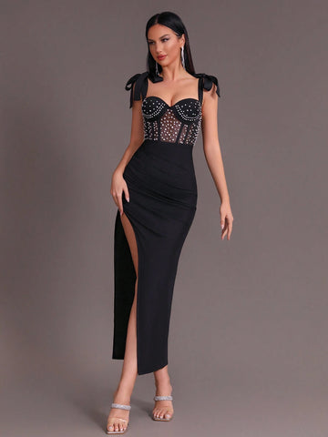 Modphy Black Sexy Women Sleeveless Bowknot Decorated Mesh Patchwork Pleated Split Bandage Long Dress With Rhinestones